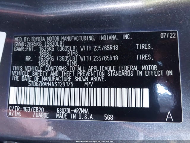 5TDGZRAH4NS129179 Toyota 2gr-fks
