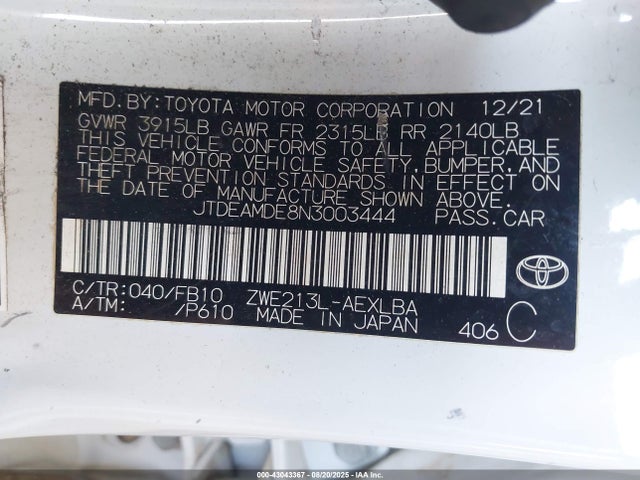 Продажа на аукционе авто 2022 Toyota Corolla Hybrid Le, vin: JTDEAMDE8N3003444, номер лота: 43043367