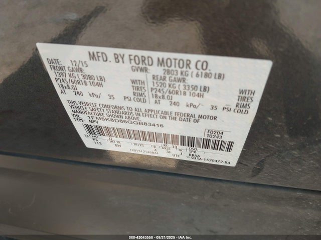 43043558 :رقم المزاد ، 1FM5K8D86GGB83416 vin ، 2016 Ford Explorer Xlt مزاد بيع