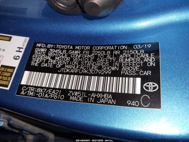 Toyota 2zr-fxe,1nm+1mm 2019 JTDKARFU9K3079299 Image 9