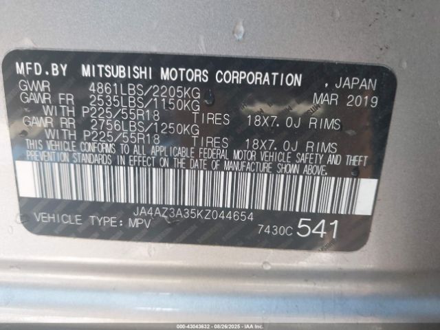 2019 MITSUBISHI OUTLANDER JA4AZ3A35KZ044654 Photo 8