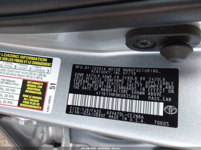 4T1B11HK8KU835868 Toyota a25a-fks