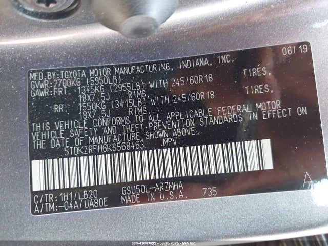 5TDKZRFH6KS568463 Toyota 2gr-fks