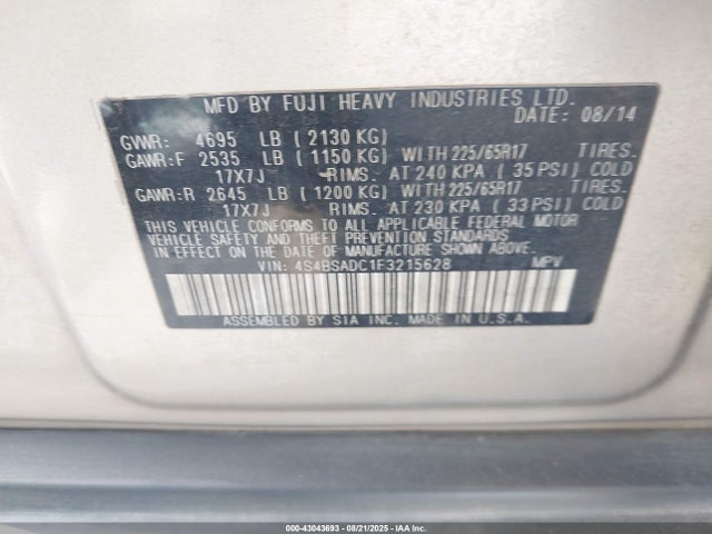 4S4BSADC1F3215628 Subaru 2.5l u5
