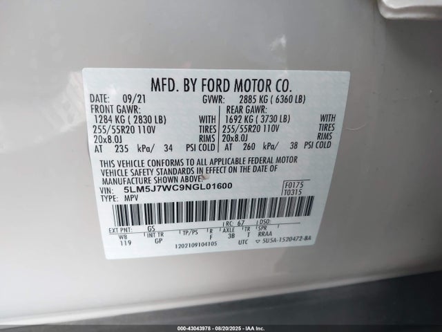 5LM5J7WC9NGL01600 Lincoln gtdi
