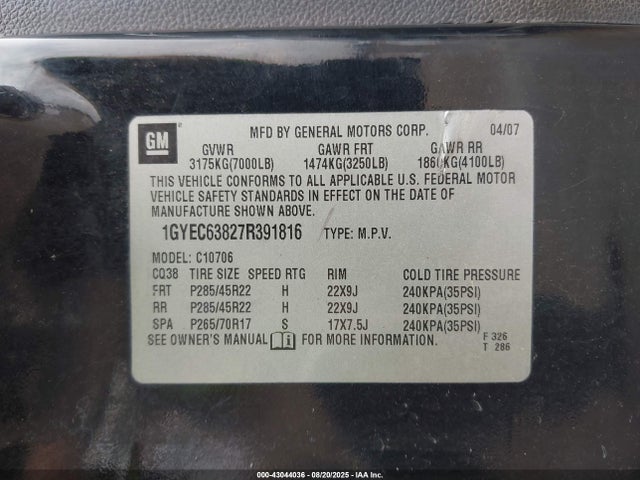 2007 CADILLAC ESCALADE 1GYEC63827R391816 Photo 8