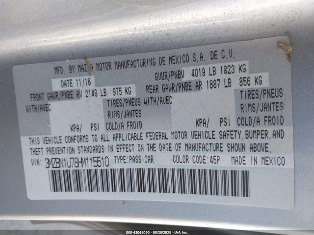 3MZBN1U78HM115510 Mazda pe