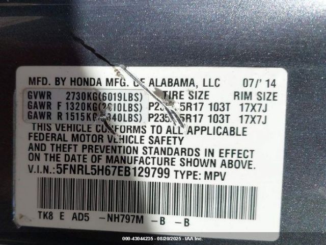 2014 HONDA ODYSSEY 5FNRL5H67EB129799 Photo 8