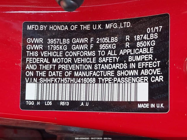 SHHFK7H57HU416068 Honda l15ba