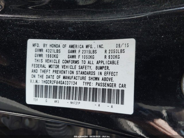 1HGCR2F84GA037134 Honda k24w1