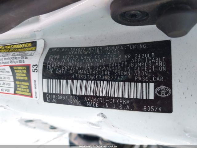 2024 TOYOTA CAMRY HYBRID 4T1K31AKXRU627747 Photo 8