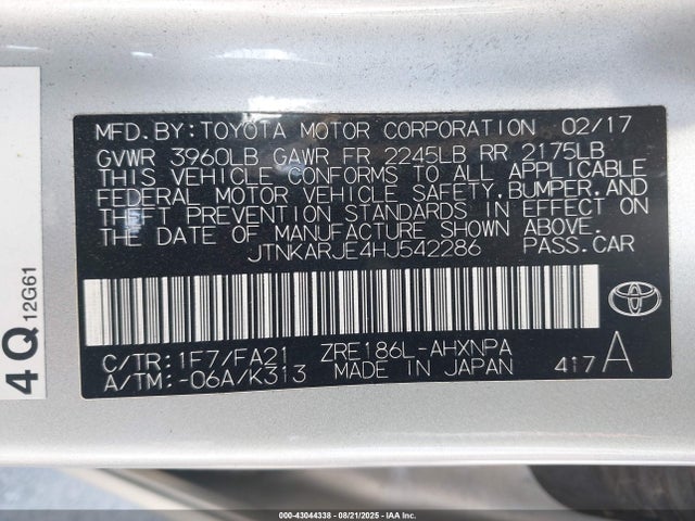 JTNKARJE4HJ542286 Toyota 2zr-fae