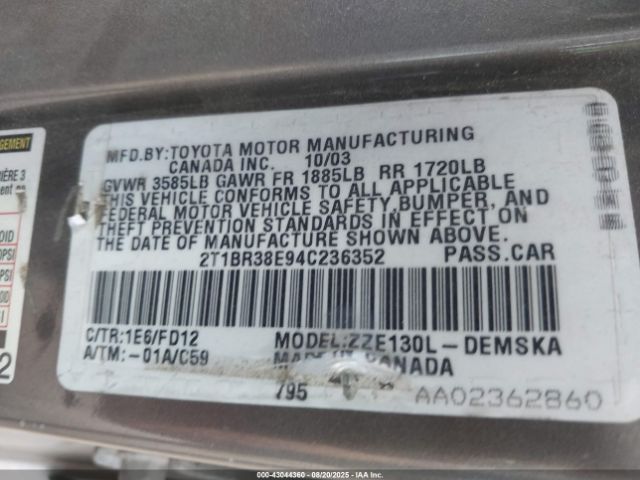 2004 TOYOTA COROLLA 2T1BR38E94C236352 Photo 8