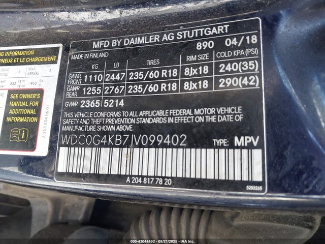 WDC0G4KB7JV099402 Mercedes-Benz m274