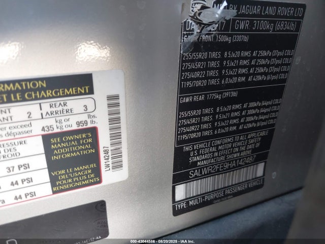 Land Rover s/c lev2 ulev 2017 SALWR2FE9HA142487 Image 9
