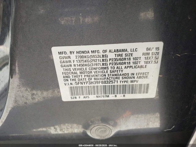 Honda j35z4 2015 5FNYF3H39FB032571 Image 9