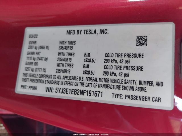 2022 TESLA MODEL 3 5YJ3E1EB2NF191671 Photo 8