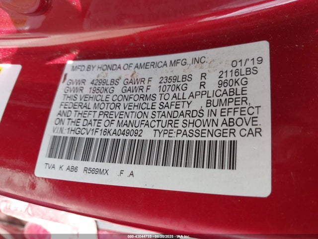 Honda l15be 2019 1HGCV1F16KA049092 Image 9