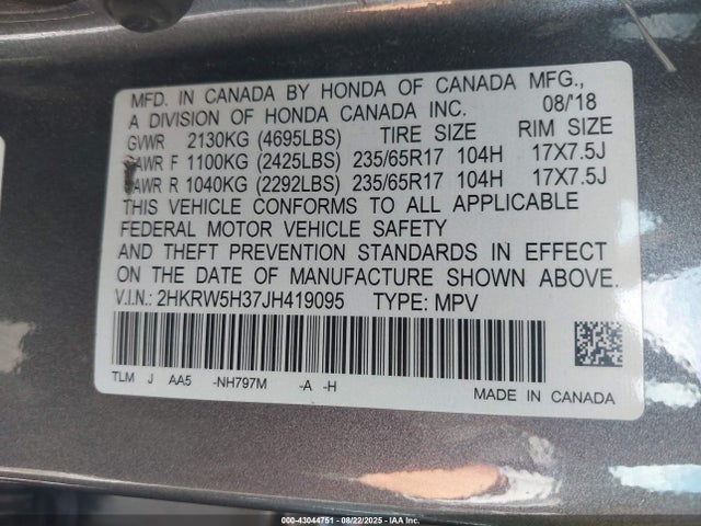 2HKRW5H37JH419095 Honda k24w9/k24v9