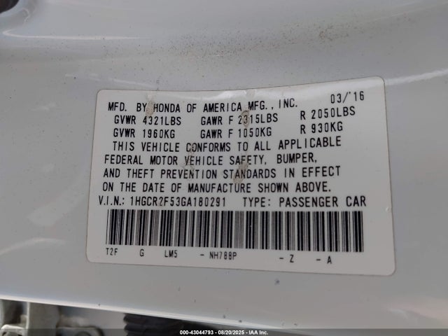 1HGCR2F53GA180291 Honda k24w1