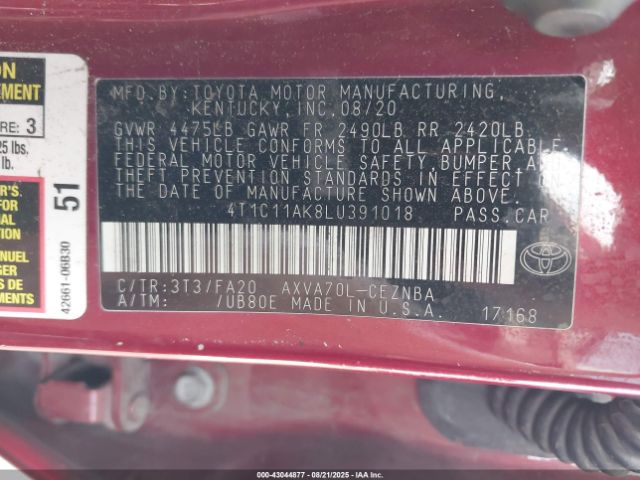 2020 TOYOTA CAMRY 4T1C11AK8LU391018 Photo 8