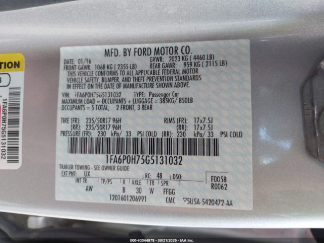 2016 FORD FUSION 1FA6P0H75G5131032 Photo 8