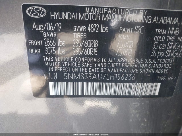 5NMS33AD7LH156236 Hyundai gdi theta ii
