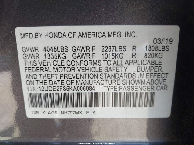 Acura k24v7 2019 19UDE2F85KA006984 Image 9