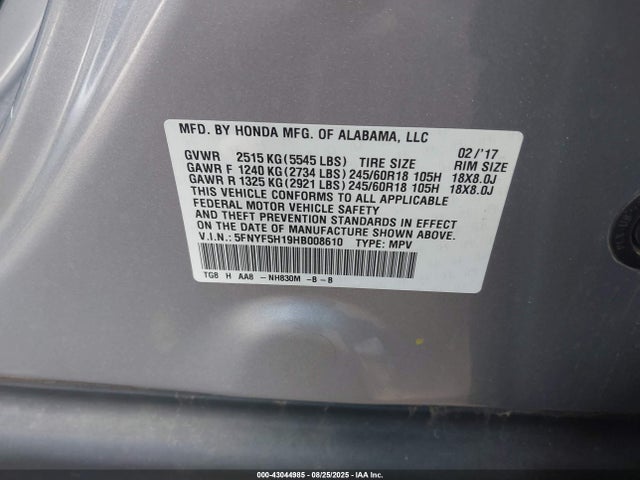 Honda j35y6 2017 5FNYF5H19HB008610 Image 9