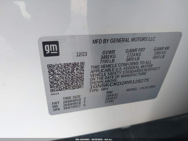 Aukcja sprzedaży 2024 Chevrolet Suburban 4wd Lt, vin: 1GNSKCKD2RR128275, numer aukcji: 43044993