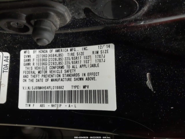 Honda k24w9 2015 5J6RM4H54FL019882 Image 9