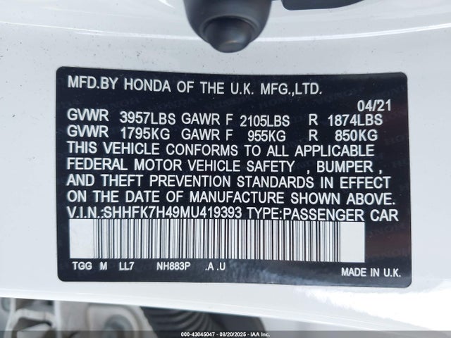 SHHFK7H49MU419393 Honda l15ba
