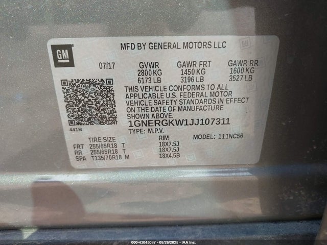 1GNERGKW1JJ107311 Chevrolet lfy - spark ignited direct injection, atss, gen 1