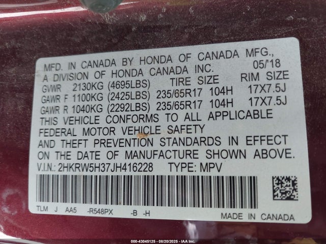 2HKRW5H37JH416228 Honda k24w9/k24v9