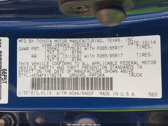Toyota 1gr-fe 2015 5TFLU4EN4FX118274 Image 9