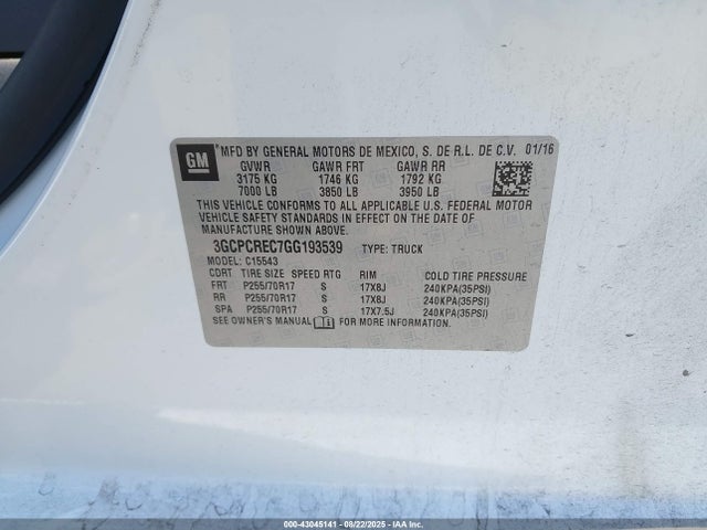 3GCPCREC7GG193539 Chevrolet l83 - sidi, vvt, afm, e85 max, aluminum