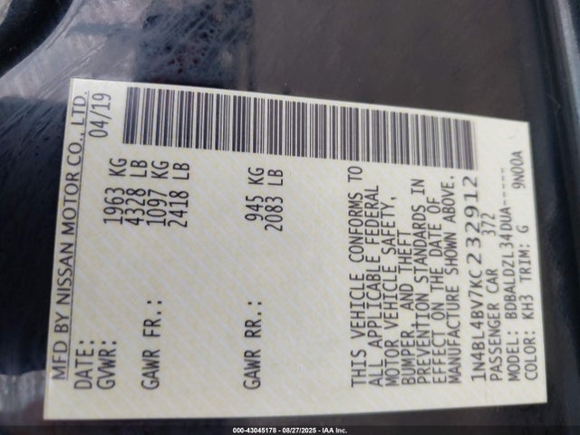 Nissan Altima 2019 1N4BL4BV7KC232912 Image 9