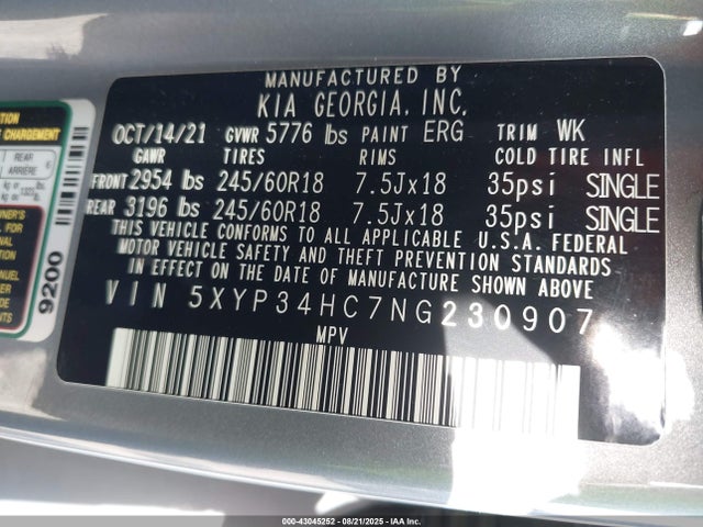 5XYP34HC7NG230907 KIA gdi lambda-ii