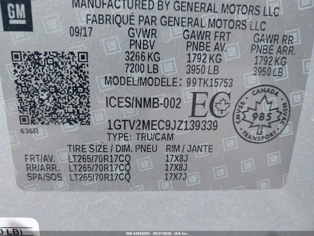 1GTV2MEC9JZ139339 GMC l83 -spark ignited direct injection, variable valve timing, afm, e85 max, alum