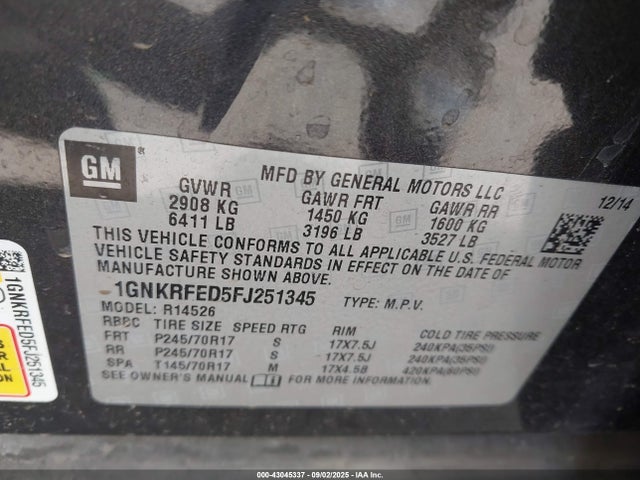 Chevrolet llt 2015 1GNKRFED5FJ251345 Image 9