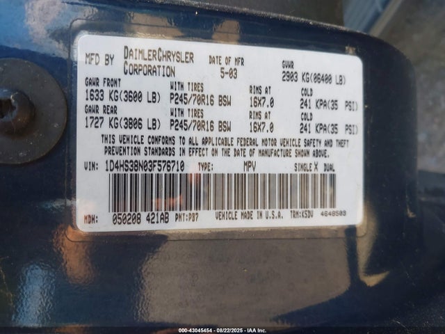 2003 DODGE DURANGO 1D4HS38N03F576710 Photo 8