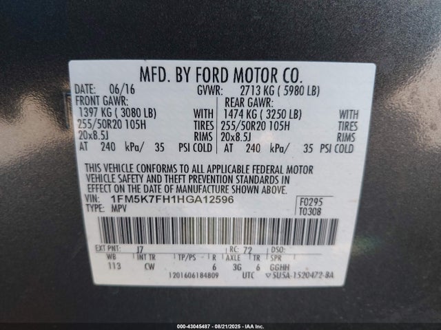 1FM5K7FH1HGA12596 Ford 2.3l gtdi
