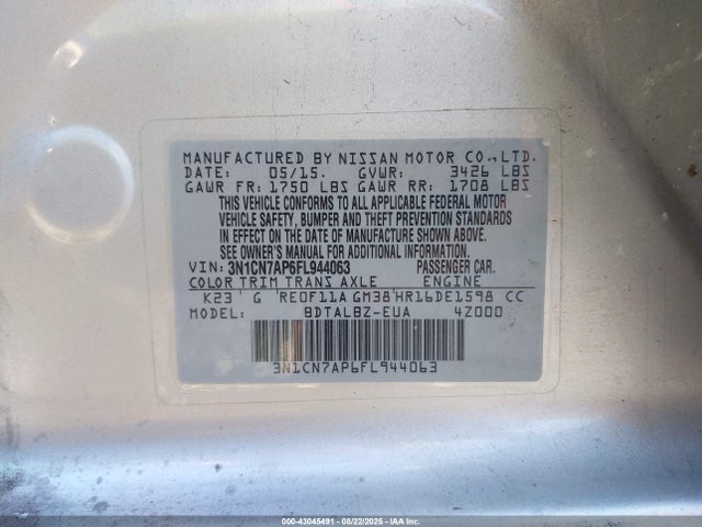 Nissan Versa 2015 3N1CN7AP6FL944063 Image 9