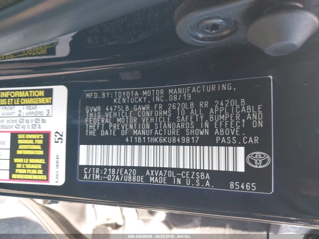 4T1B11HK6KU849817 Toyota a25a-fks