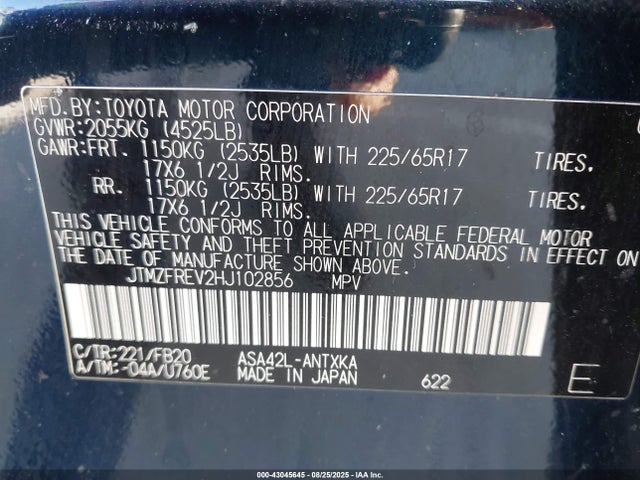 JTMZFREV2HJ102856 Toyota 2ar-fe