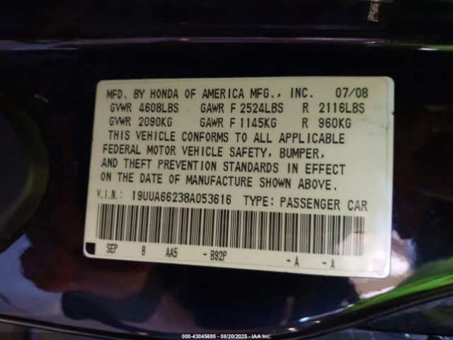 2008 ACURA TL 19UUA66238A053616 Photo 8