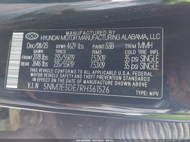 5NMJE3DE7RH361526 Hyundai gdi theta iii