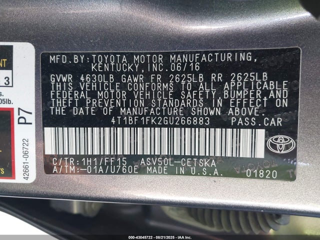 Toyota 2ar-fe 2016 4T1BF1FK2GU266883 Image 9