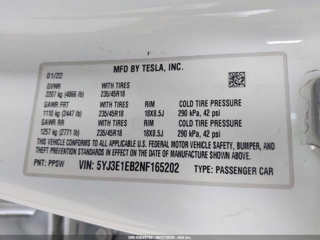2022 TESLA MODEL 3 5YJ3E1EB2NF165202 Photo 8
