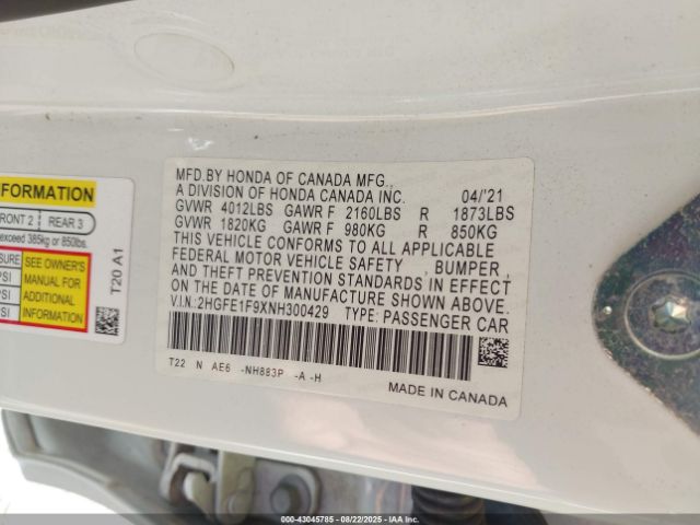 2022 HONDA CIVIC 2HGFE1F9XNH300429 Photo 8